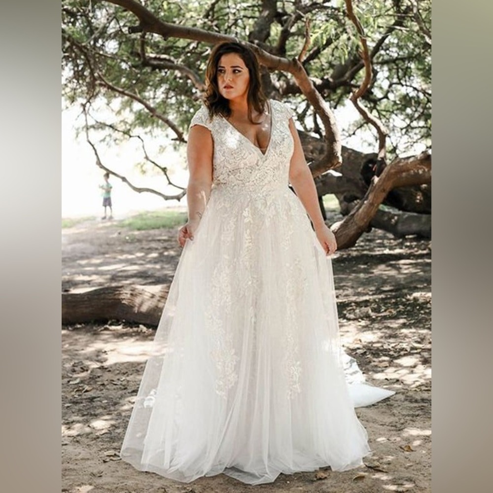 A-line/princess tulle appliqué v-neck shirtsleeves plus size wedding dress.
